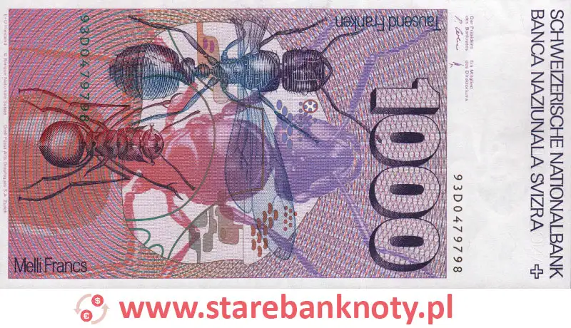 widok banknotu 1000 franków szwajcarskich rewers